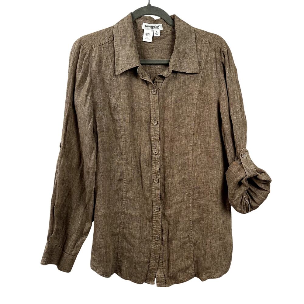 Coldwater Creek Linen Button Up Size L Brown Gold Thread Long Sleeve Coastal